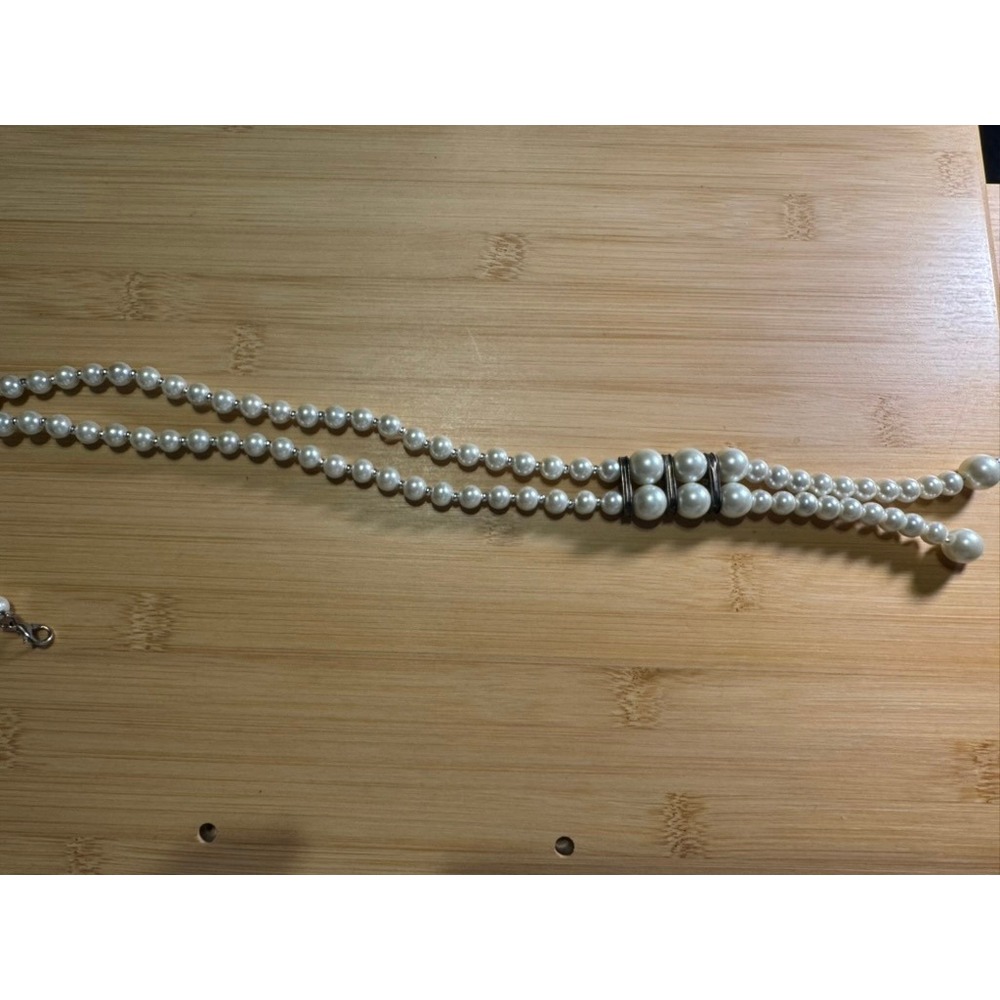 Vintage Double Strand Faux Pearl Lariat Necklace Silver Tone 32in White